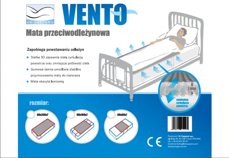 Mata przeciwodleżynowa VENTO Dr Sapporo - nakładka na materac przepuszczająca powietrze